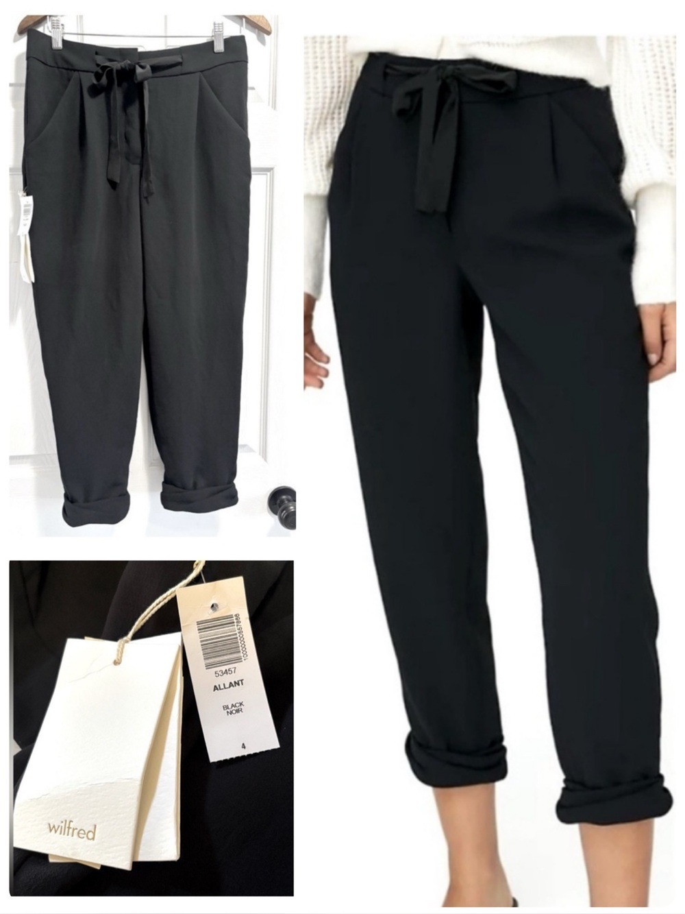 NWT Wilfred Aritzia Black Allant Ankle Pants Cropped Trousers Drawstring Size 4